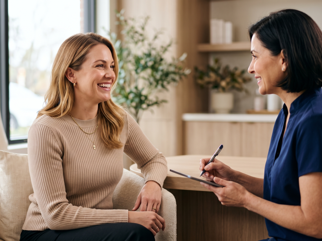 Two women smiling and conversing during an aesthetic consultation